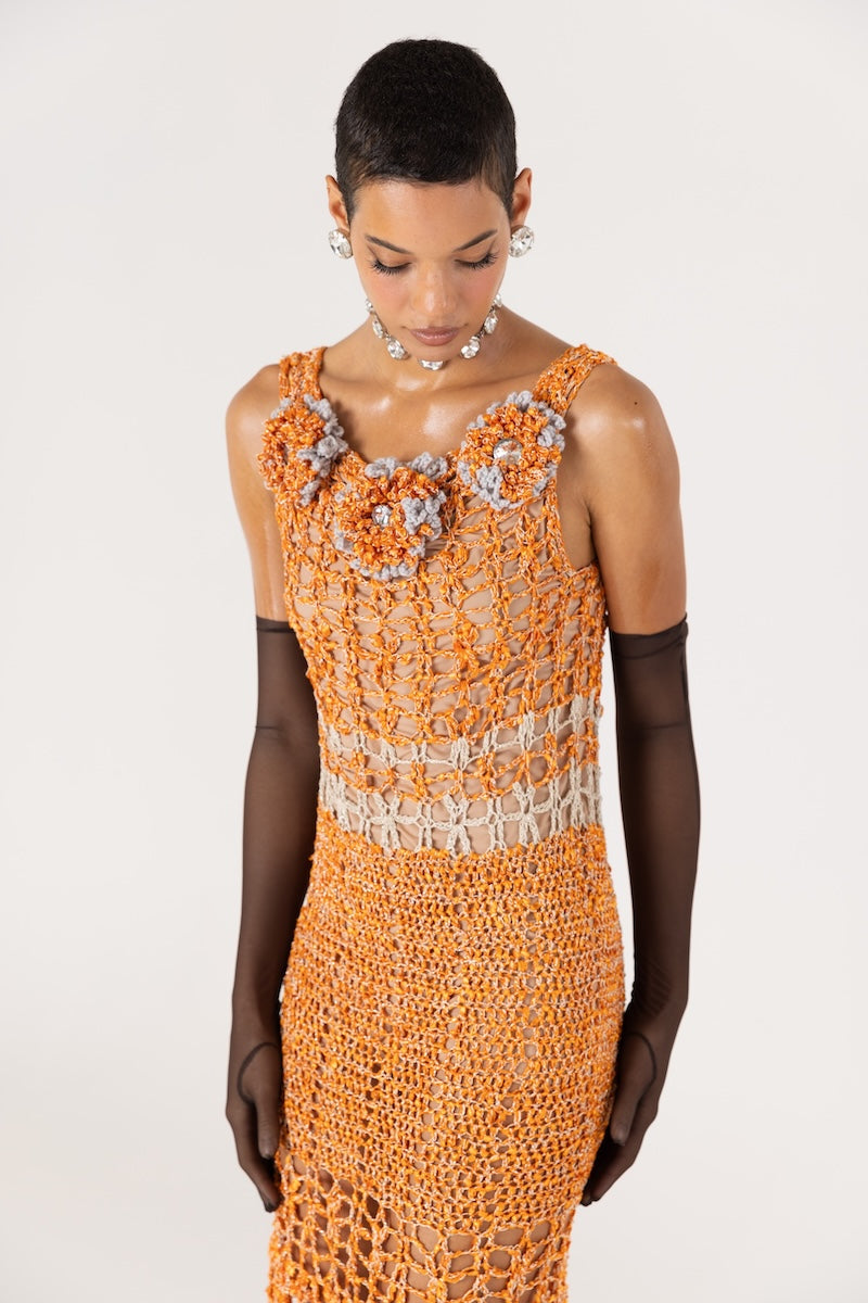 ORANGE CHRYSANTHEMUM HANDMADE MAXI CROCHET DRESS