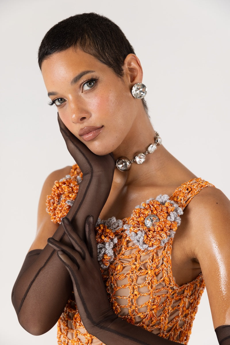 ORANGE CHRYSANTHEMUM HANDMADE MAXI CROCHET DRESS