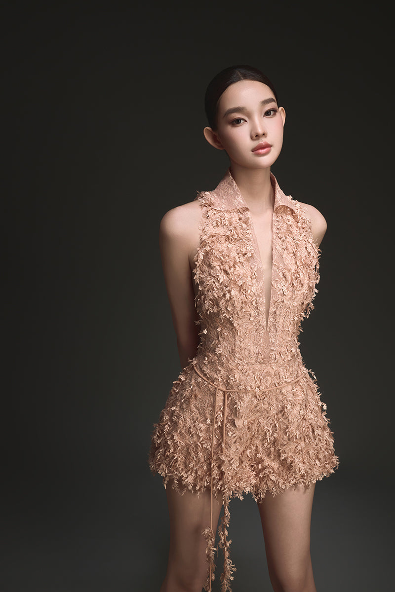 PEACH BEADED LACE JUMPSUIT