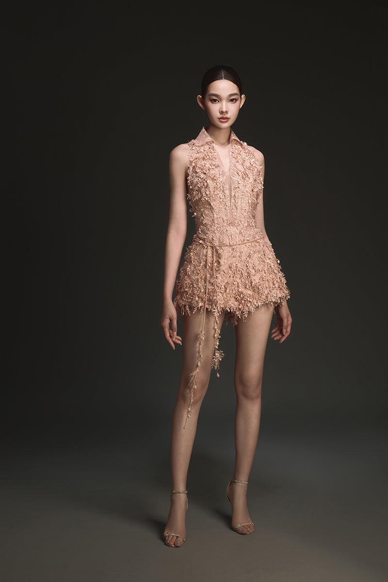 PEACH BEADED LACE JUMPSUIT