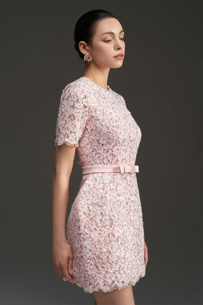 SEQUIN FLORAL LACE AND SILK TAFFETA DRESS IN PINK