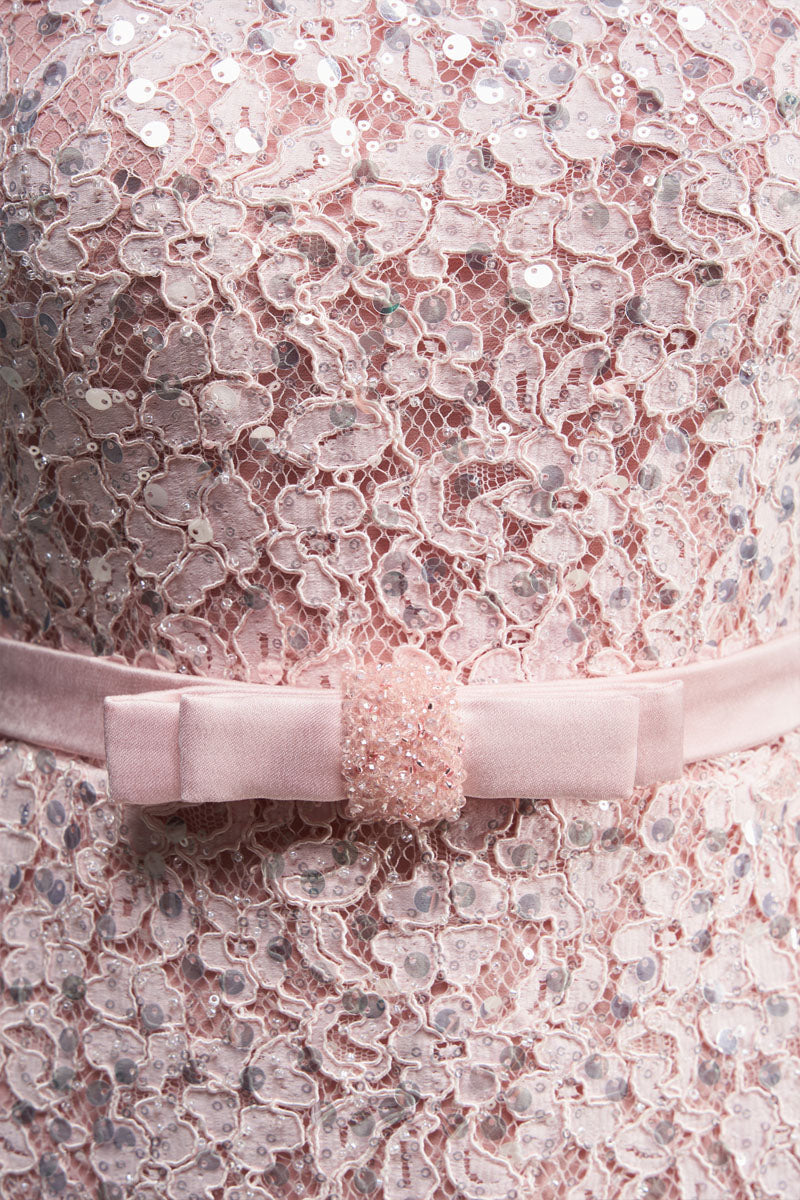SEQUIN FLORAL LACE AND SILK TAFFETA DRESS IN PINK