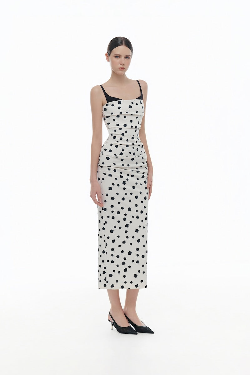 POLKA DOT DRAPED MIDI DRESS