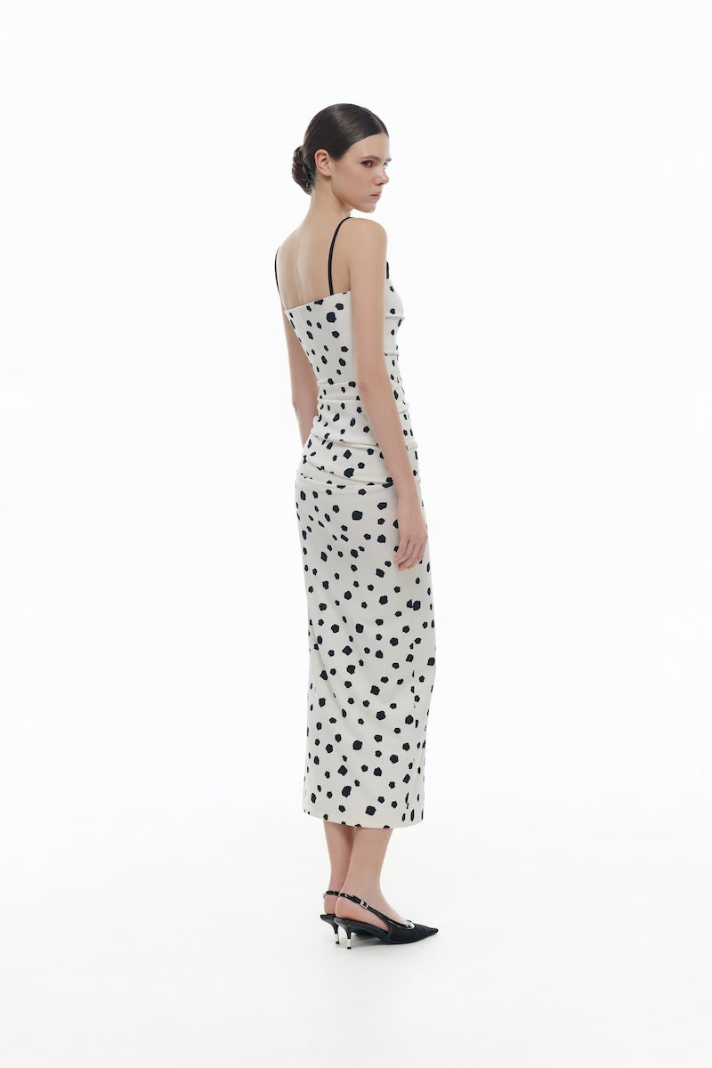 POLKA DOT DRAPED MIDI DRESS