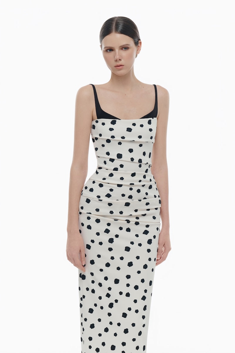 POLKA DOT DRAPED MIDI DRESS
