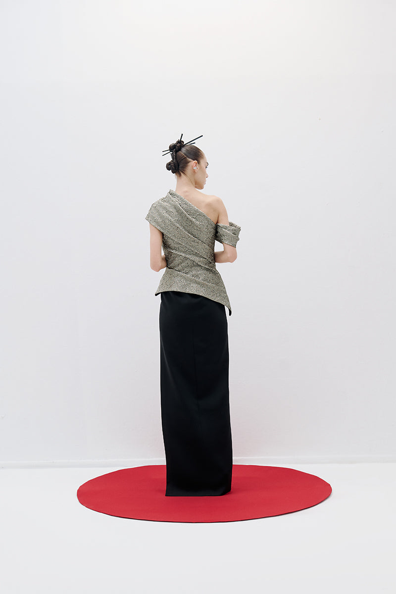 ASYMMETRIC LONG DRESS IN BLACK CREAM