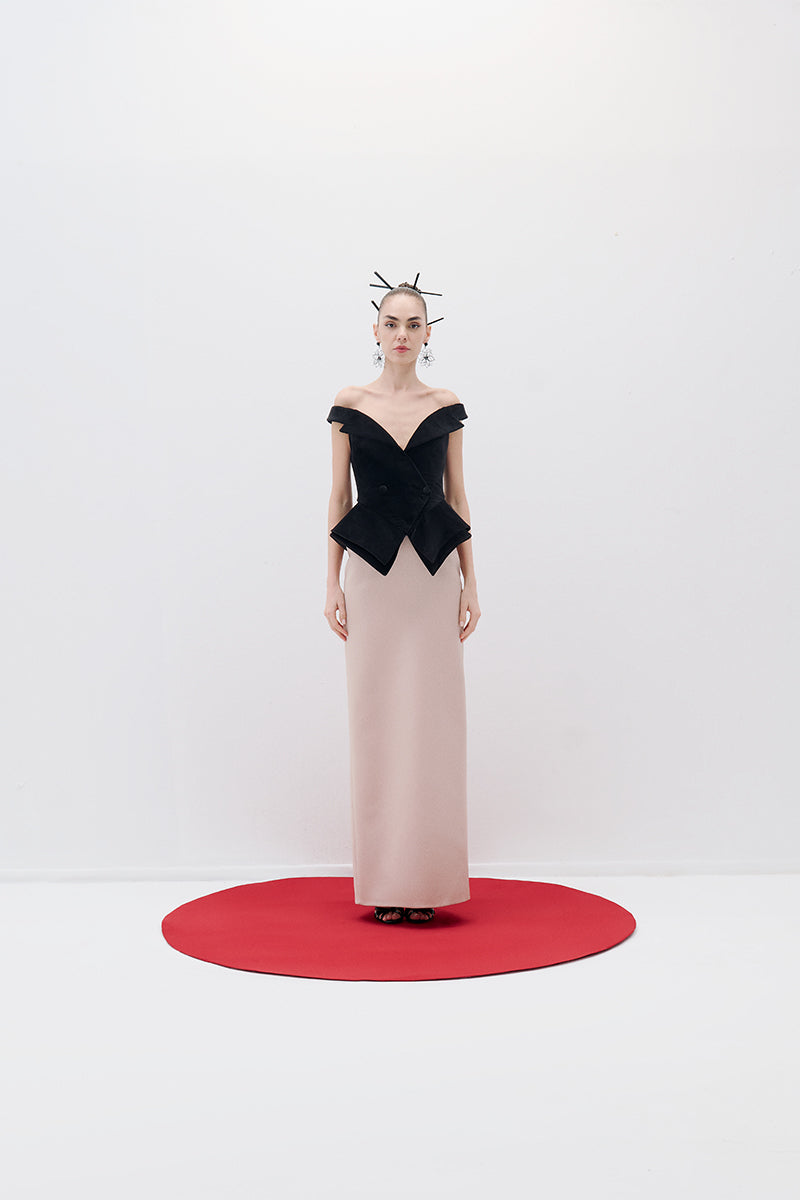 VELVET SATIN BATEAU DRESS IN BLACK NUDE