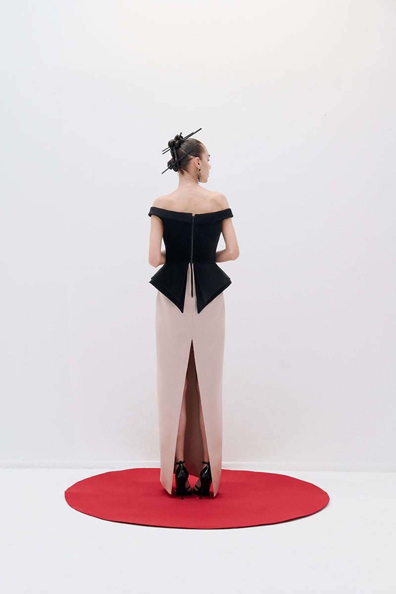 VELVET SATIN BATEAU DRESS IN BLACK NUDE
