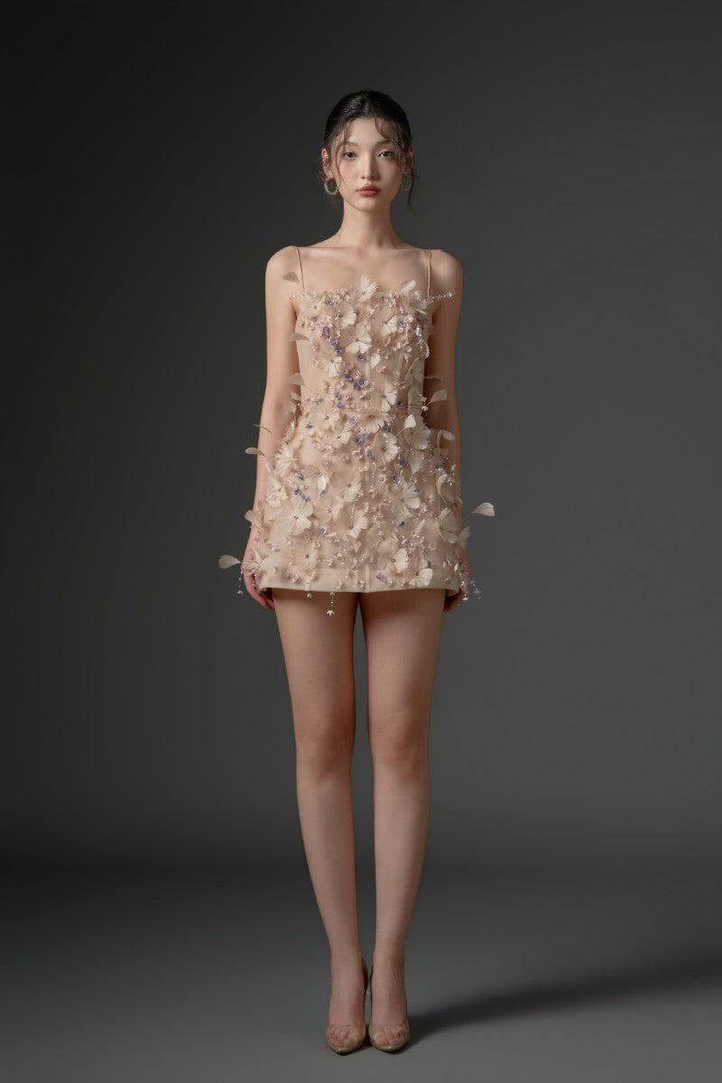 DULFINE TULLE FEATHER FLOWER DRESS IN BEIGE
