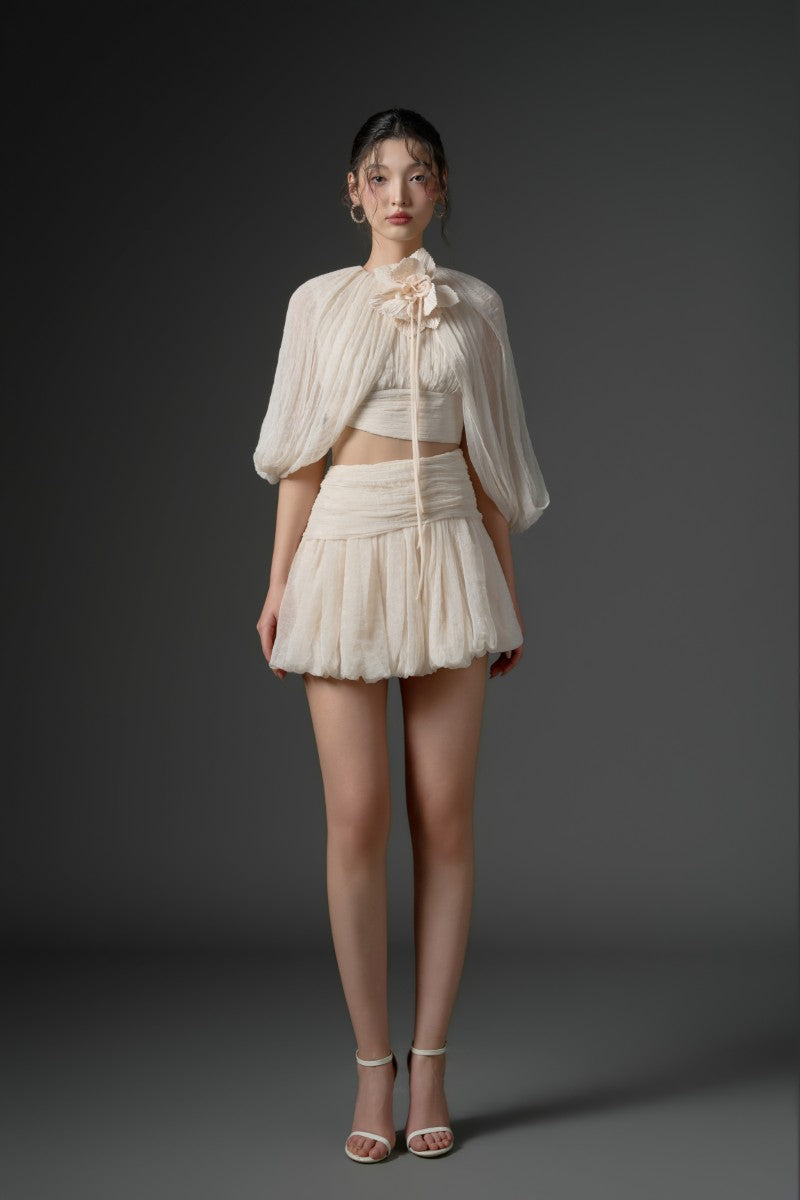QIRSH SILK CUT-OUT DRESS IN BEIGE