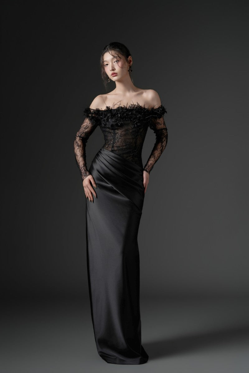 NAMLA LACE AND SILK SATIN DRESS IN BLACK