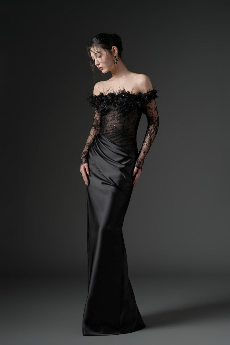 NAMLA LACE AND SILK SATIN DRESS IN BLACK