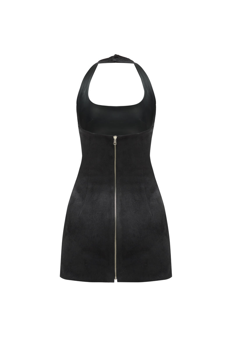 TWO SIDED HALTERNECK LEATHER MINI DRESS IN BLACK