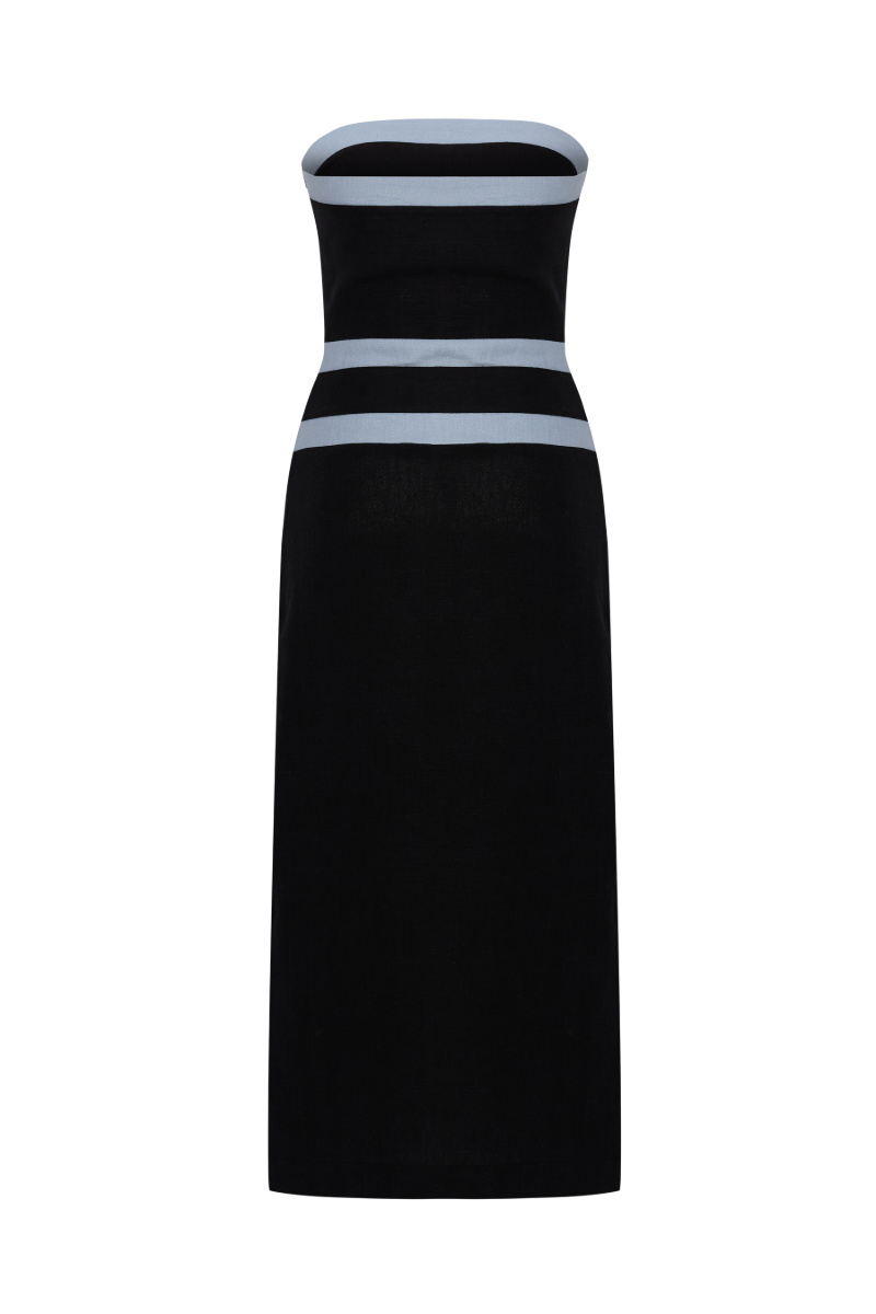 ELENA STRAPLESS BLACK LINEN TAPE DRESS