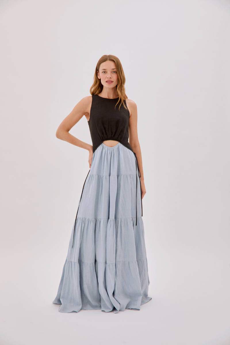 TAMSIN LINEN BLACK AND DUSTY BLUE SPLIT MAXI DRESS