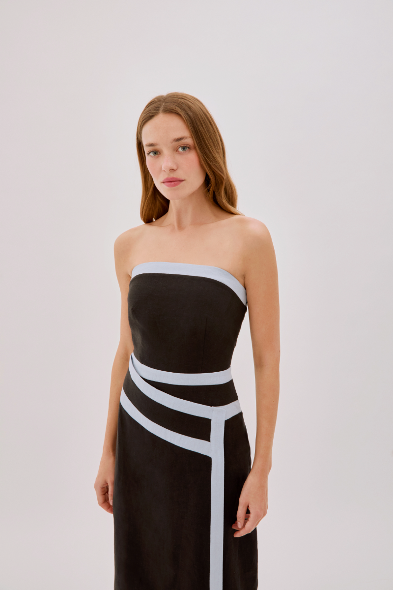 ELENA STRAPLESS BLACK LINEN TAPE DRESS