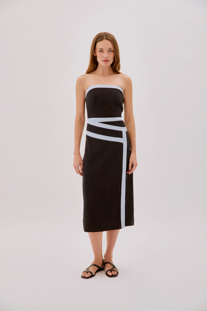 ELENA STRAPLESS BLACK LINEN TAPE DRESS