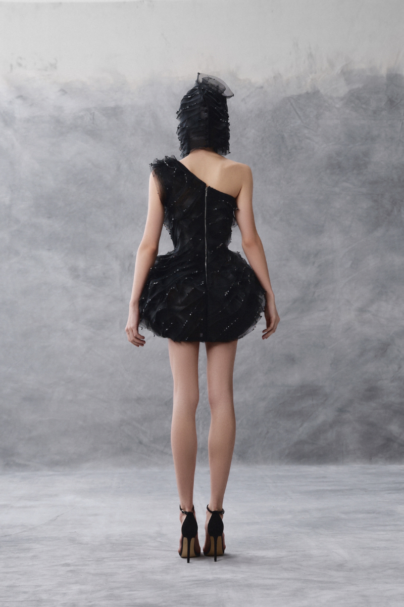 ASYMMETRIC BALLOON BUSTIER DRESS IN BLACK