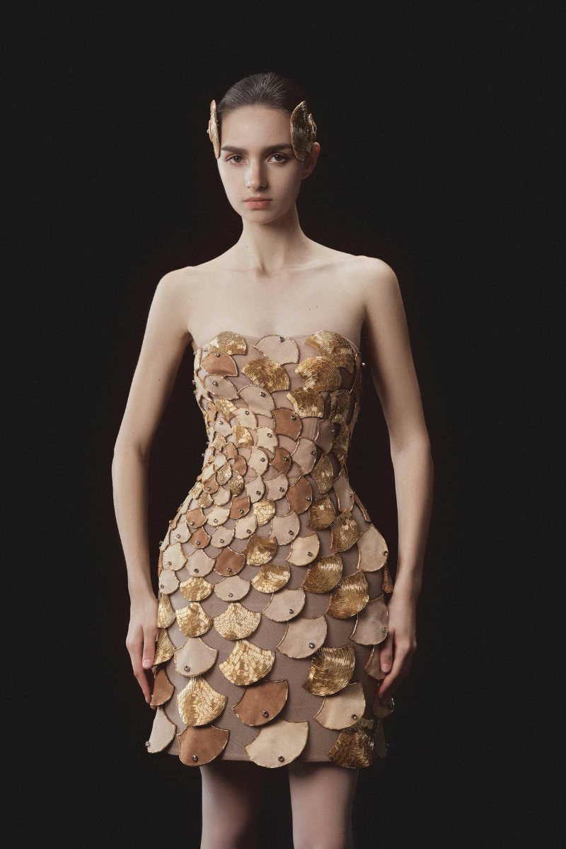 RADICALLY SCALED SLEEVELESS BUSTIER DRESS IN BEIGE