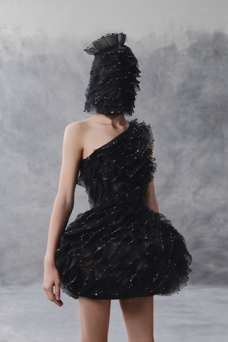 ASYMMETRIC BALLOON BUSTIER DRESS IN BLACK