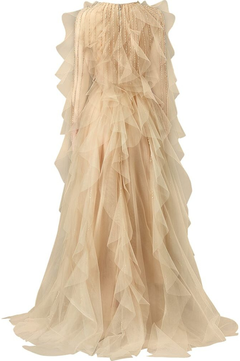 ETHEREAL RUFFLED TULLE GOWN WITH BEADED ELEGANCE