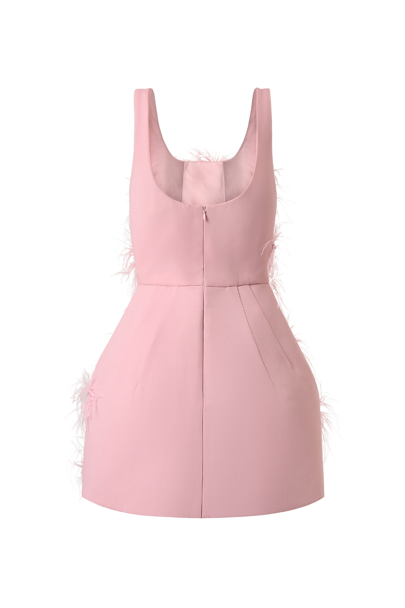 CATHERINE A-LINE STRAPPY CREPE MINI DRESS WITH FEATHERS