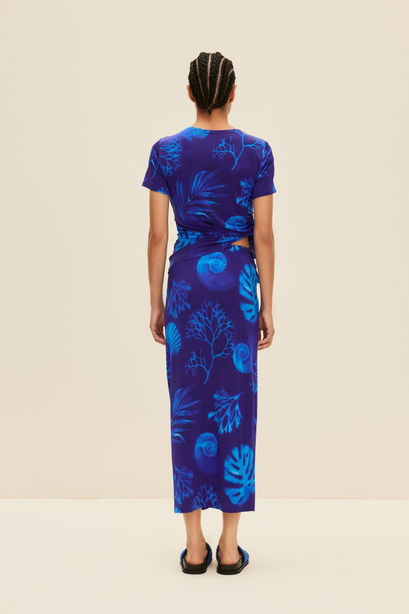 WRAP-STYLE MIDI SKIRT IN CYANOTYPE PRINT