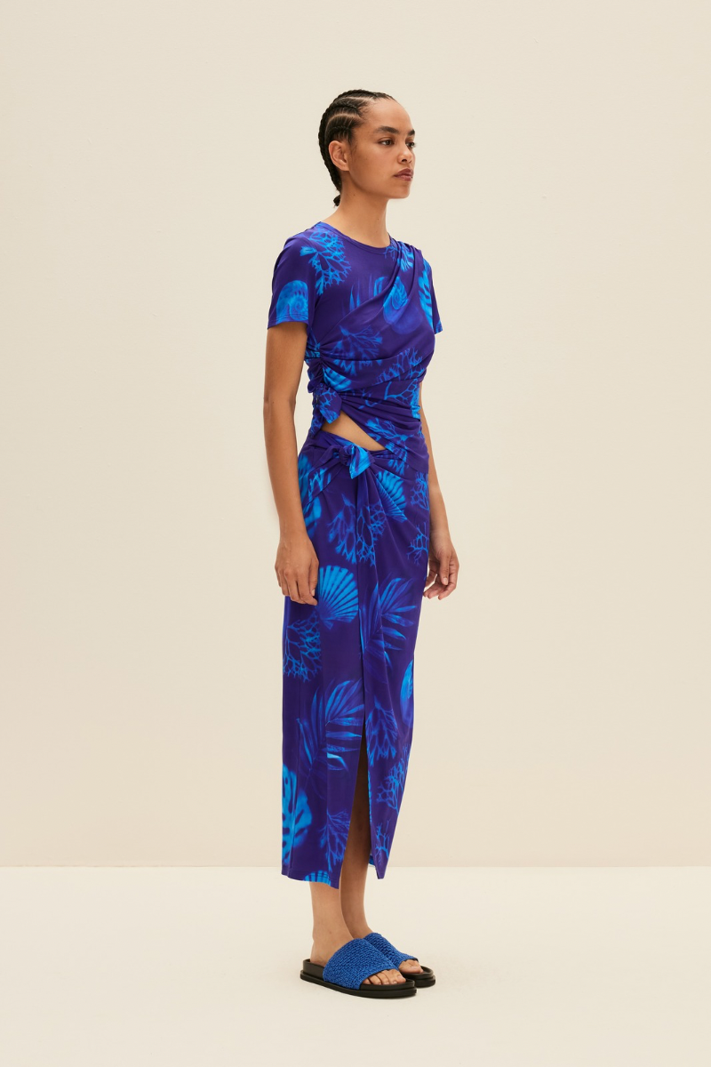 WRAP-STYLE MIDI SKIRT IN CYANOTYPE PRINT