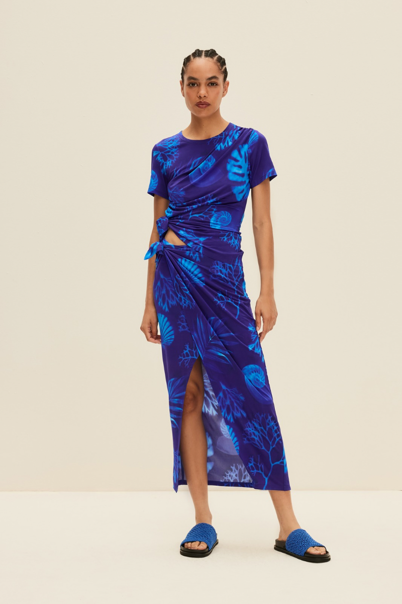 WRAP-STYLE MIDI SKIRT IN CYANOTYPE PRINT