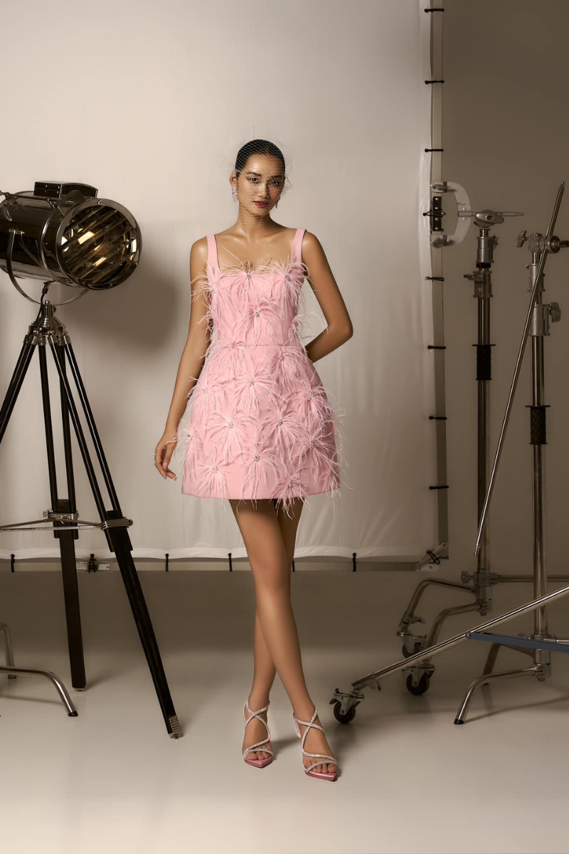 CATHERINE A-LINE STRAPPY CREPE MINI DRESS WITH FEATHERS