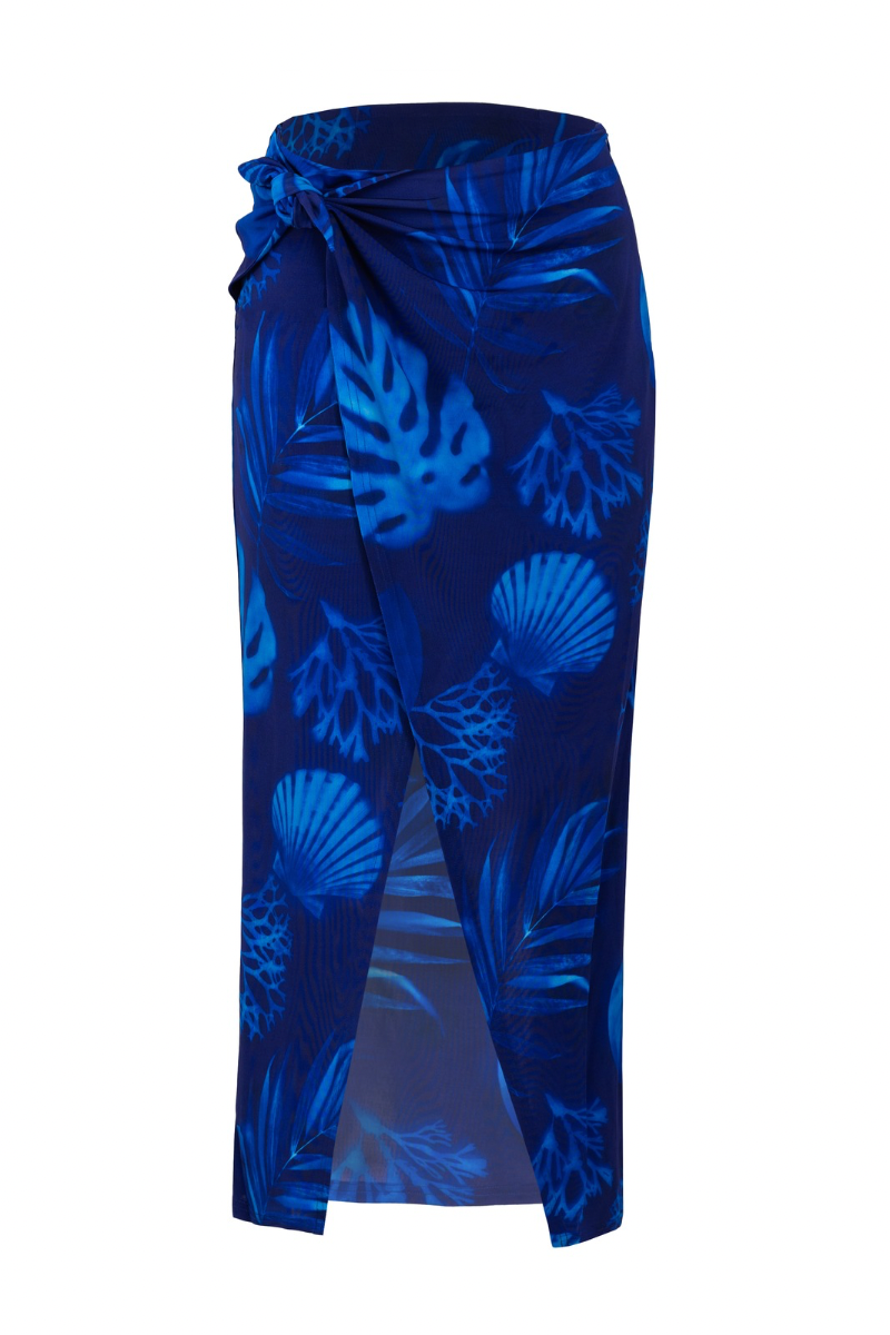 WRAP-STYLE MIDI SKIRT IN CYANOTYPE PRINT