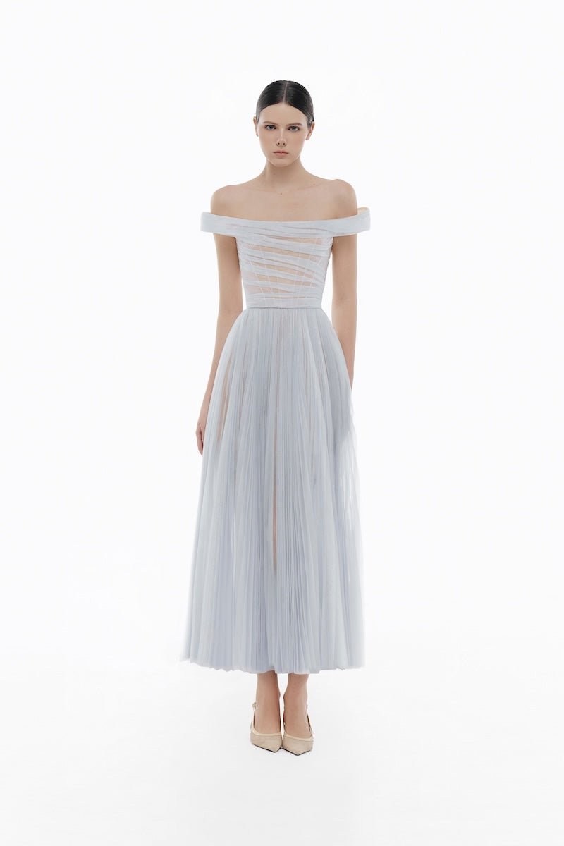 VIOLET OFF-SHOULDER MIDI DRESS