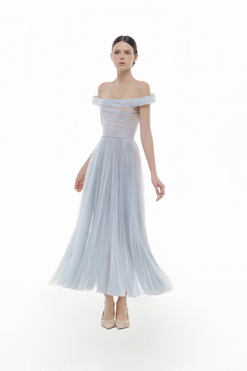 VIOLET OFF-SHOULDER MIDI DRESS