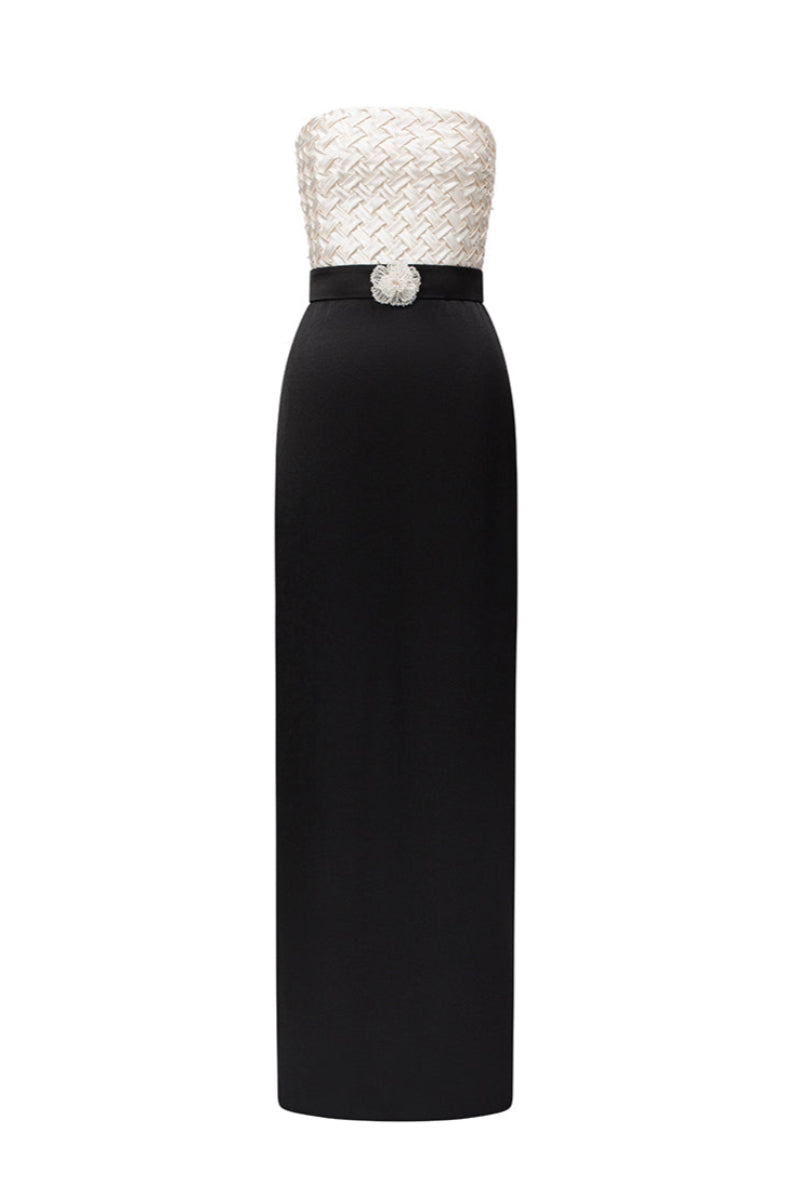 SMOCKING SILK AND SILK TAFFETA DRESS IN BLACK AND IVORY