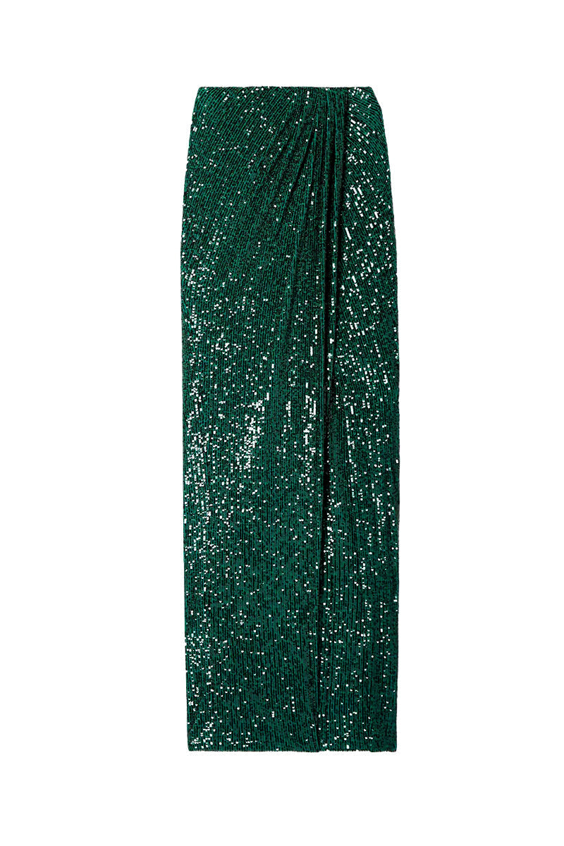 WRAP-EFFECT SEQUINED STRETCH-TULLE MIDI SKIRT