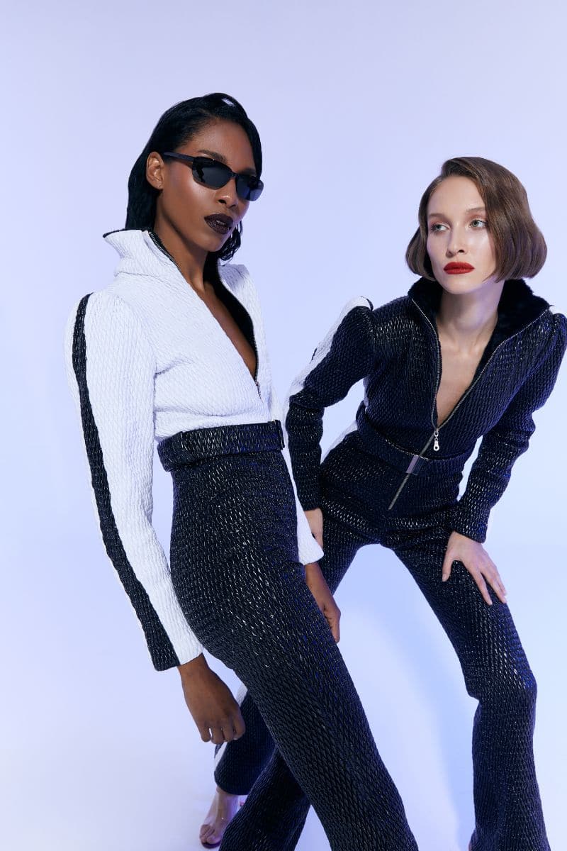 WHITE AND BLACK ONE-PIECE SKI SUIT