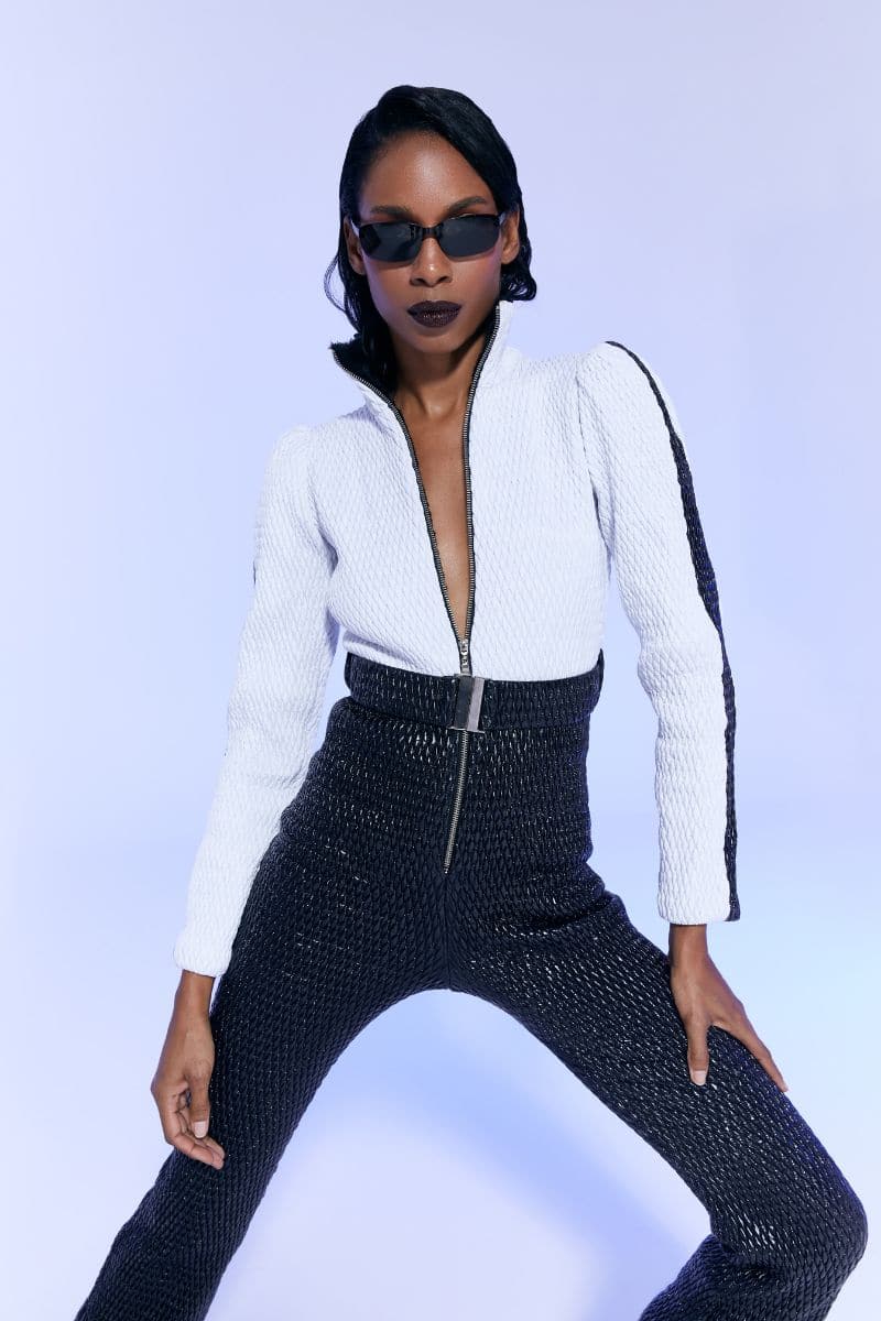 WHITE AND BLACK ONE-PIECE SKI SUIT