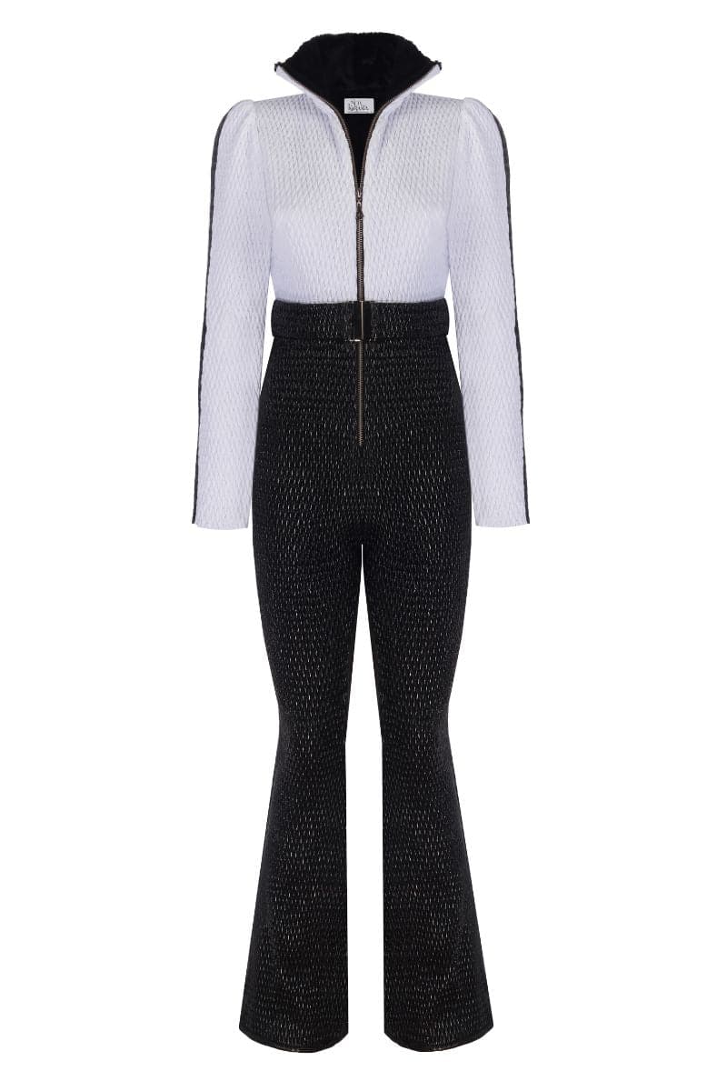 WHITE AND BLACK ONE-PIECE SKI SUIT