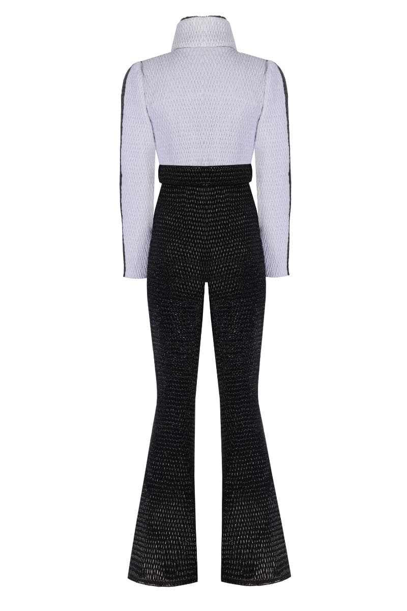 WHITE AND BLACK ONE-PIECE SKI SUIT
