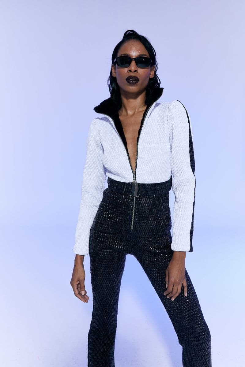WHITE AND BLACK ONE-PIECE SKI SUIT