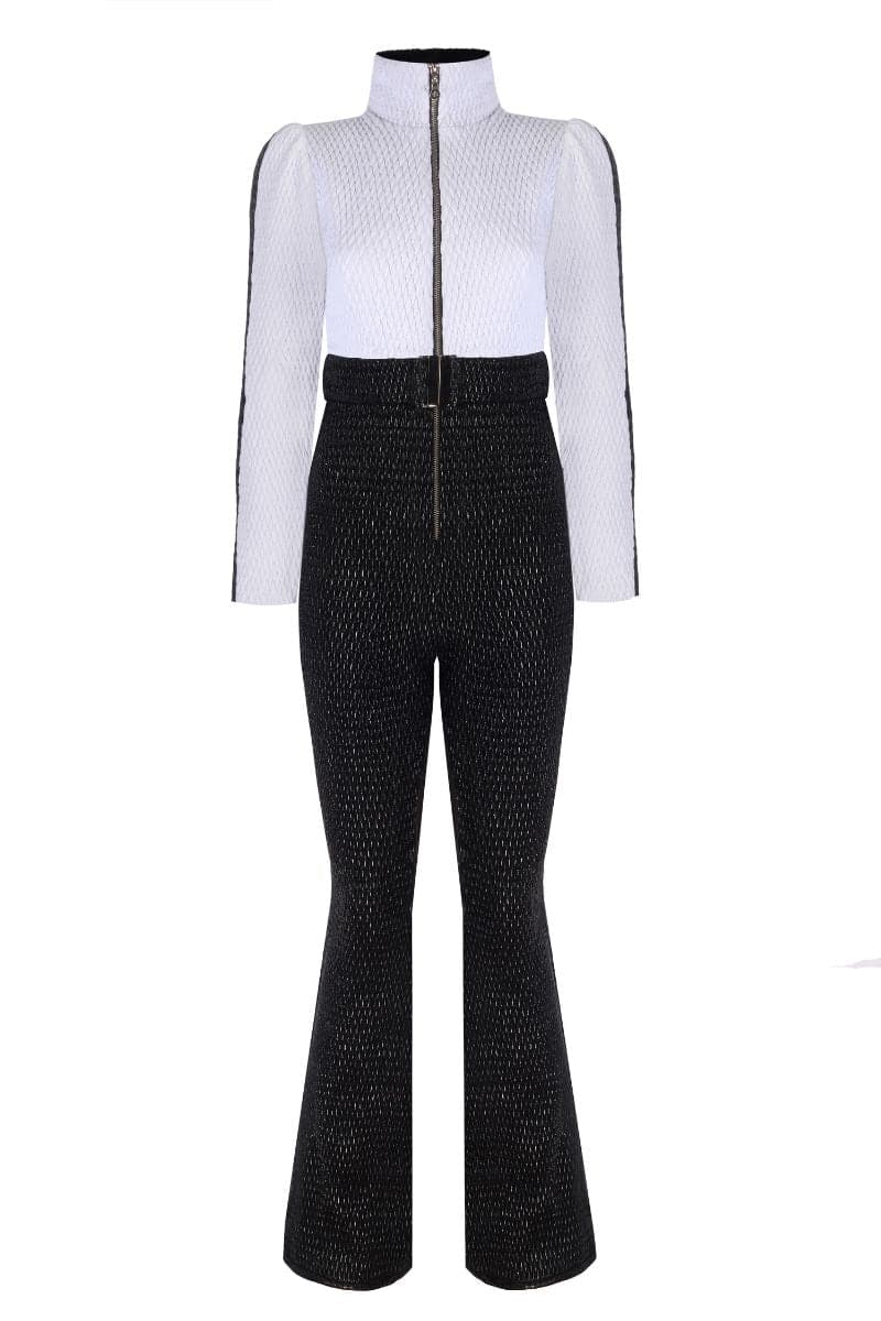 WHITE AND BLACK ONE-PIECE SKI SUIT