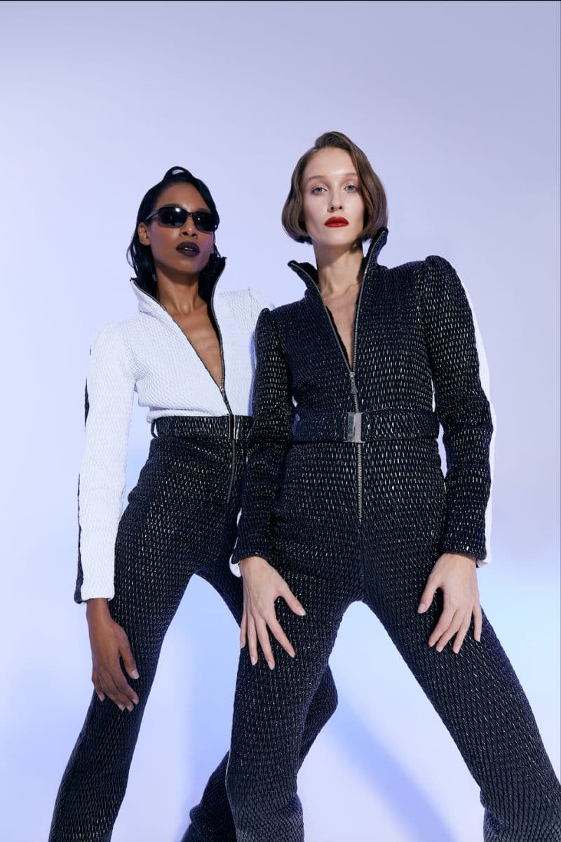 WHITE AND BLACK ONE-PIECE SKI SUIT