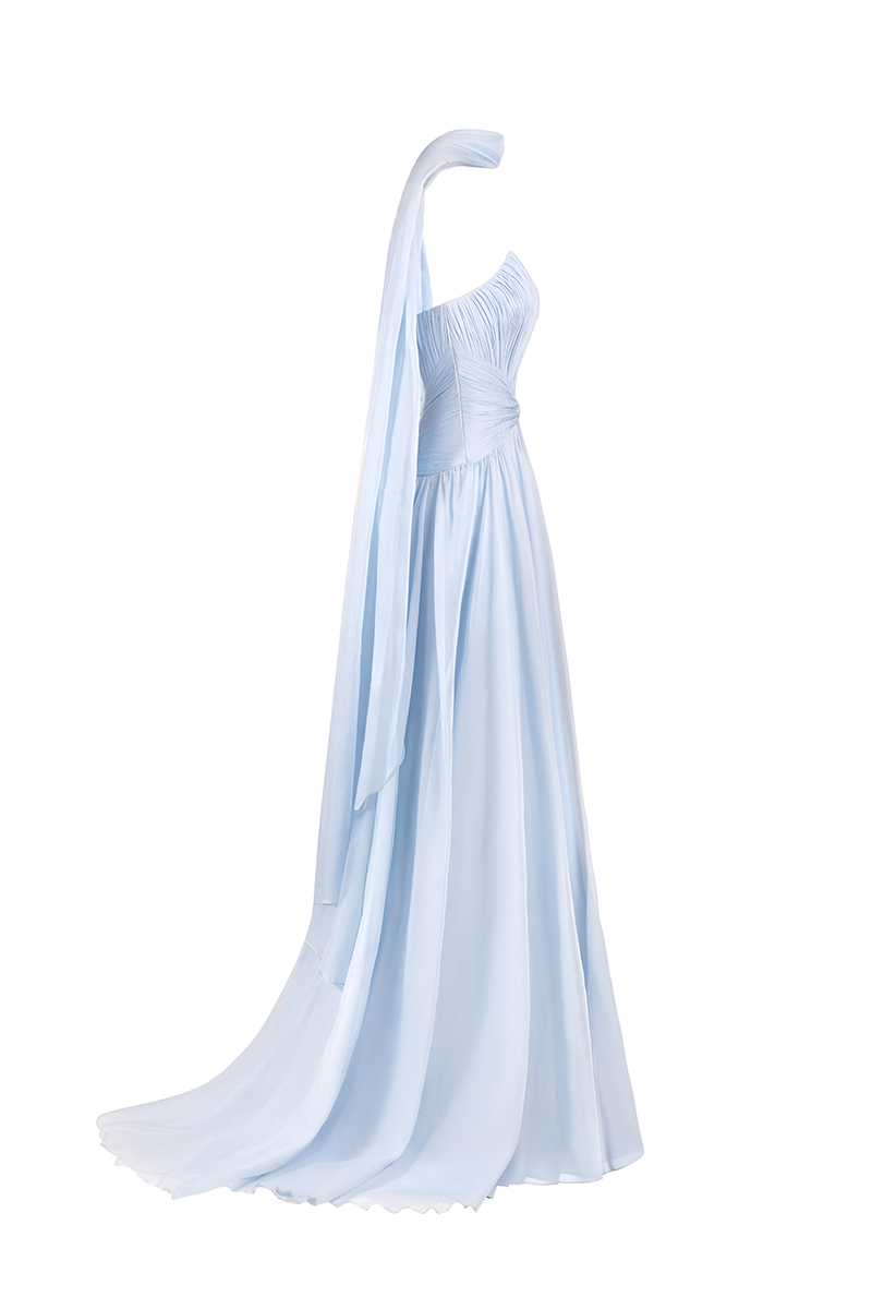 STRAPLESS GOWN WITH SCARF IN BABY BLUE