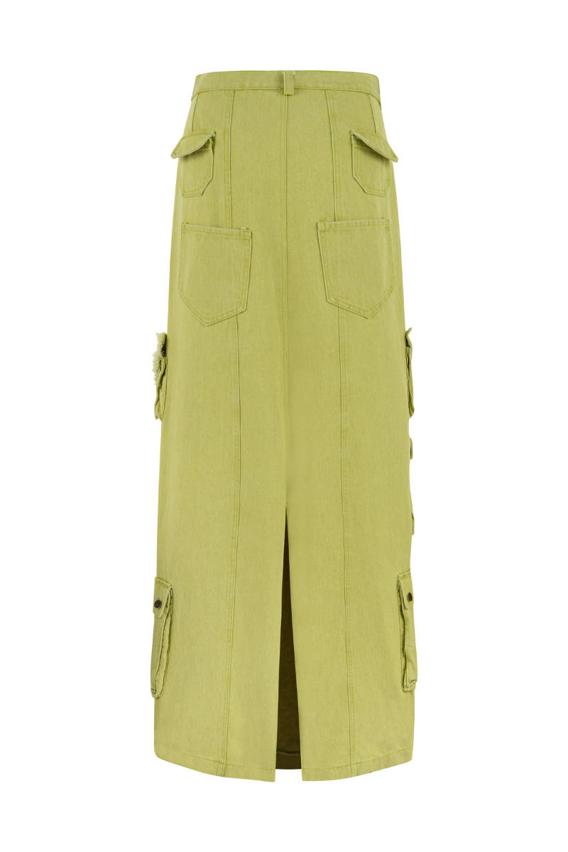 GREEN DENIM CARGO MAXI SKIRT