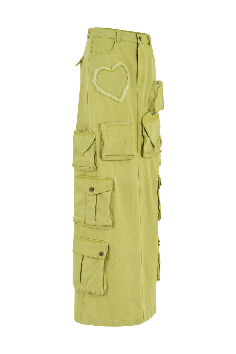GREEN DENIM CARGO MAXI SKIRT