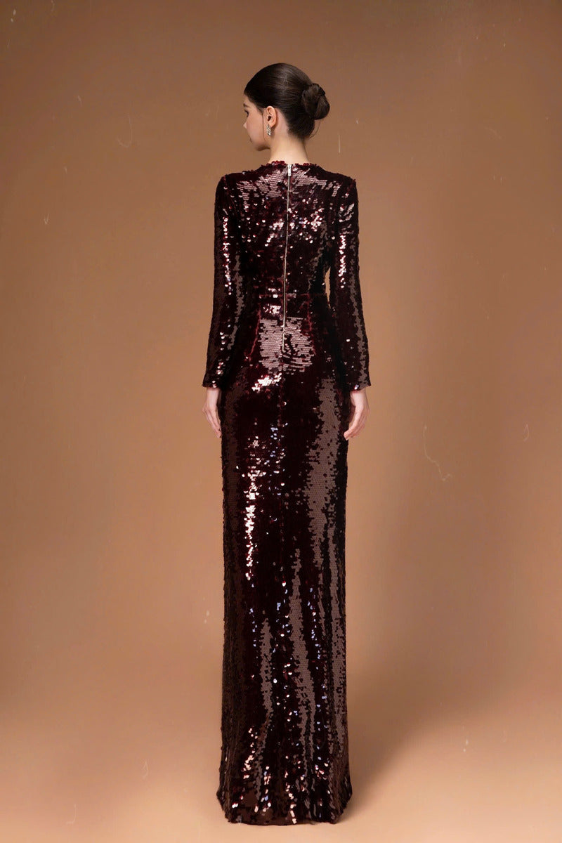 LONG SLEEVE SEQUIN FLOWER LONG DRESS