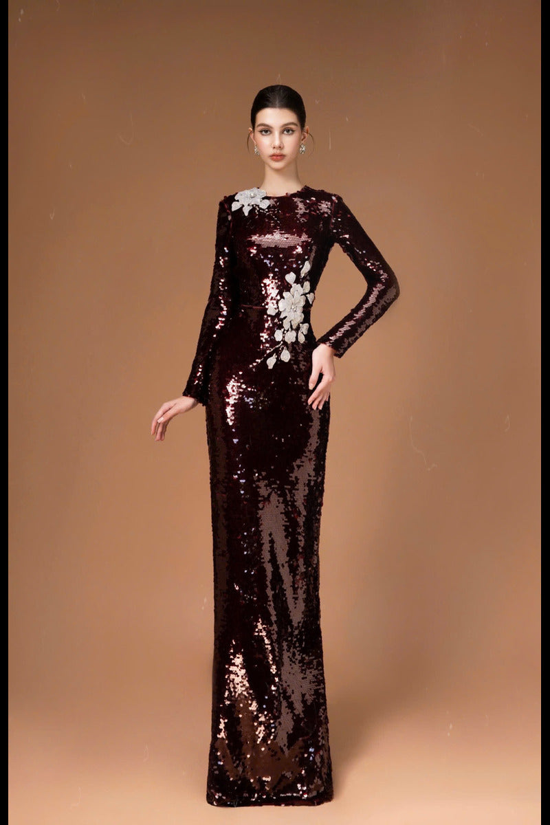 LONG SLEEVE SEQUIN FLOWER LONG DRESS