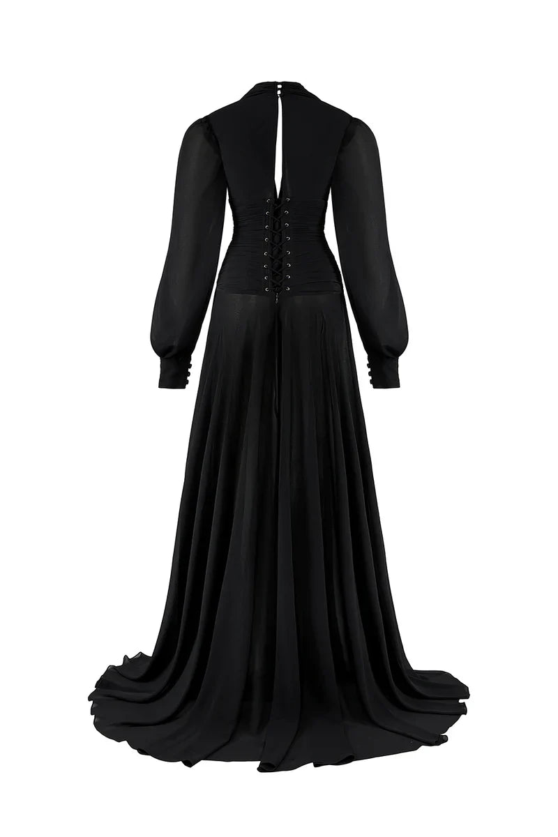 PUFFED SLEEVES CORSET CHIFFON MAXI BLACK GOWN