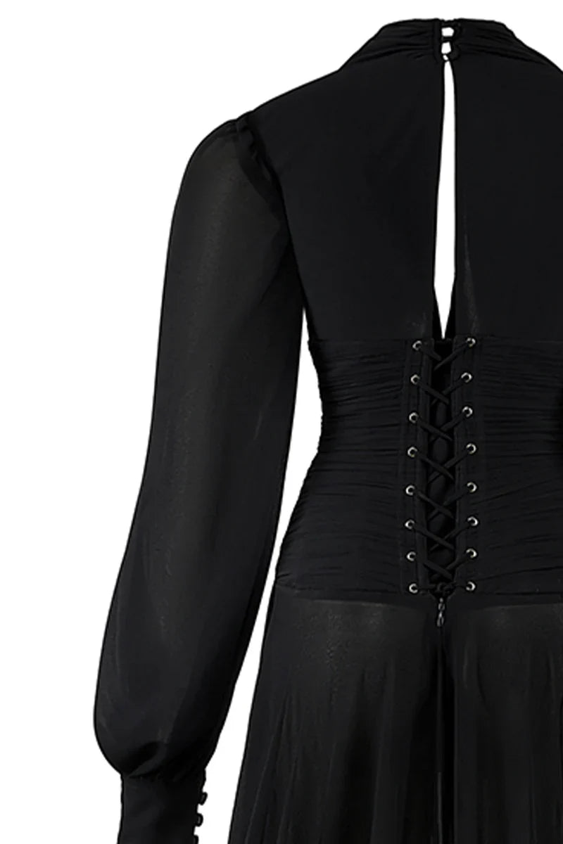PUFFED SLEEVES CORSET CHIFFON MAXI BLACK GOWN