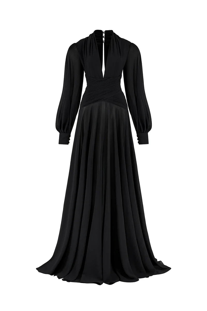 PUFFED SLEEVES CORSET CHIFFON MAXI BLACK GOWN